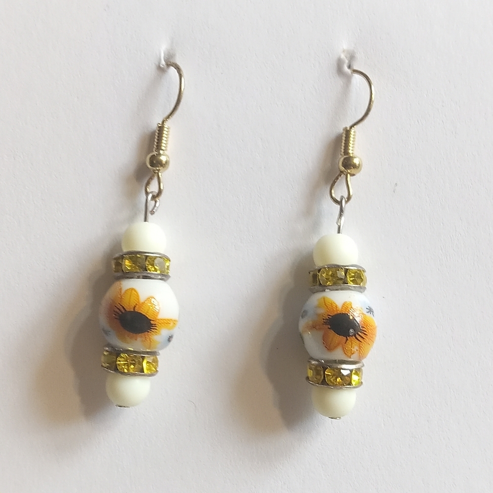 Handmade Sunflower Earrings with White Glass Beads and Yellow Rhinestones